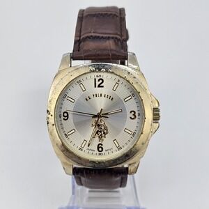 US POLO ASSN Men's Watch 42MM Gold Dial Brown Faux Leather Bands New Battery